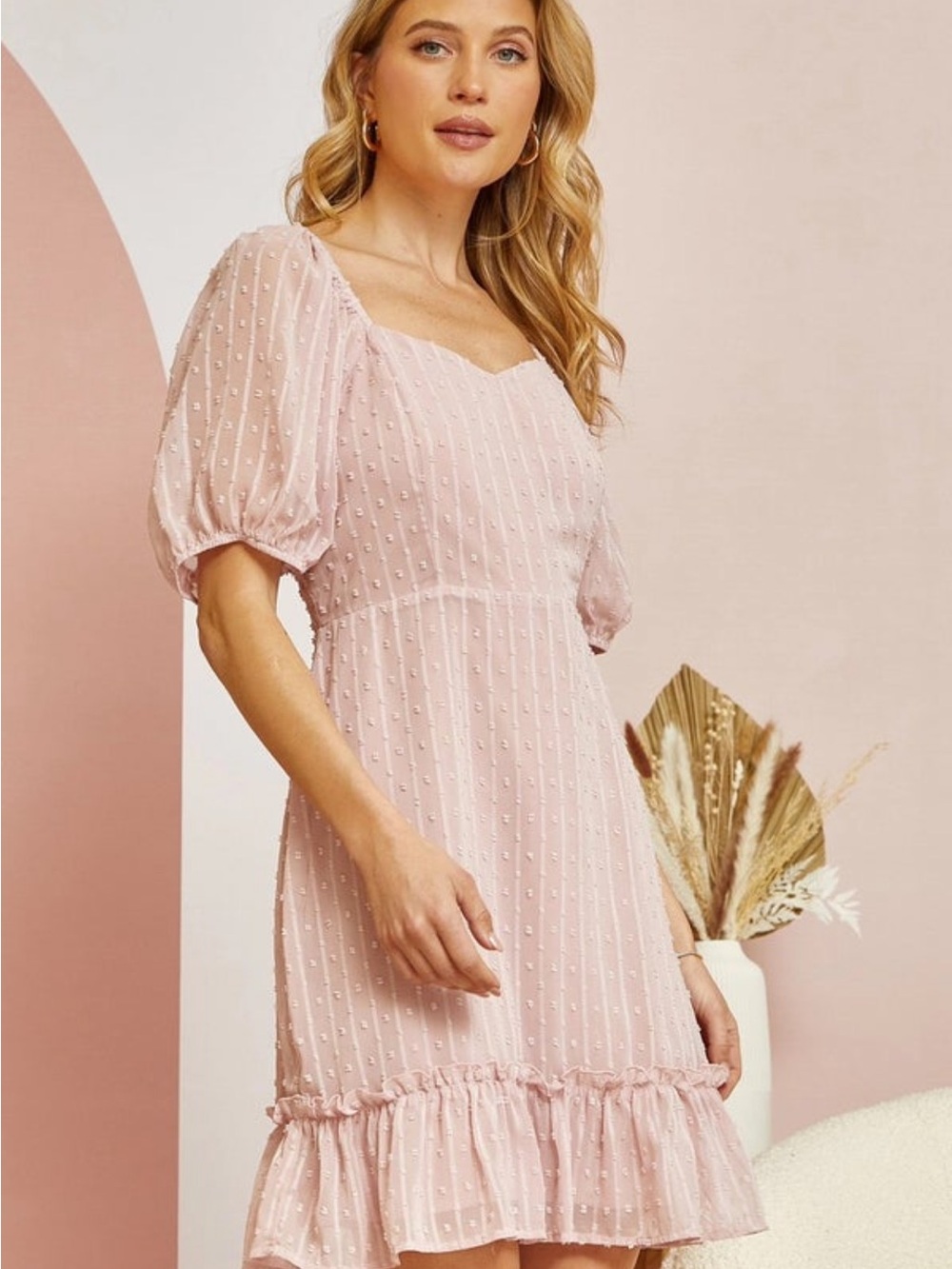 ANDREE BY UNIT Blush Pink Swiss Dot Puff Sleeve Mini Dress